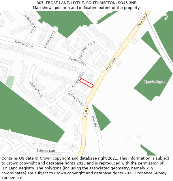 305, FROST LANE, HYTHE, SOUTHAMPTON, SO45 3NB: Location map and indicative extent of plot