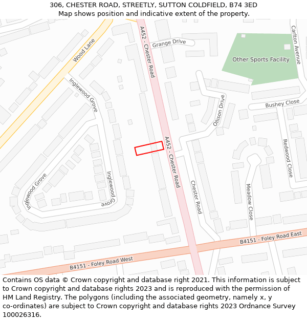 306, CHESTER ROAD, STREETLY, SUTTON COLDFIELD, B74 3ED: Location map and indicative extent of plot