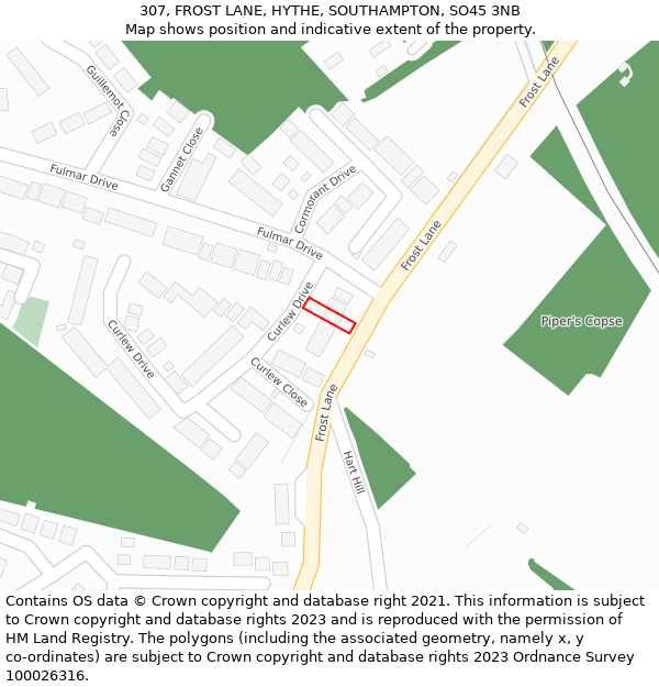 307, FROST LANE, HYTHE, SOUTHAMPTON, SO45 3NB: Location map and indicative extent of plot