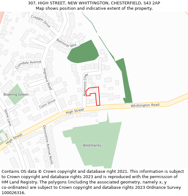 307, HIGH STREET, NEW WHITTINGTON, CHESTERFIELD, S43 2AP: Location map and indicative extent of plot