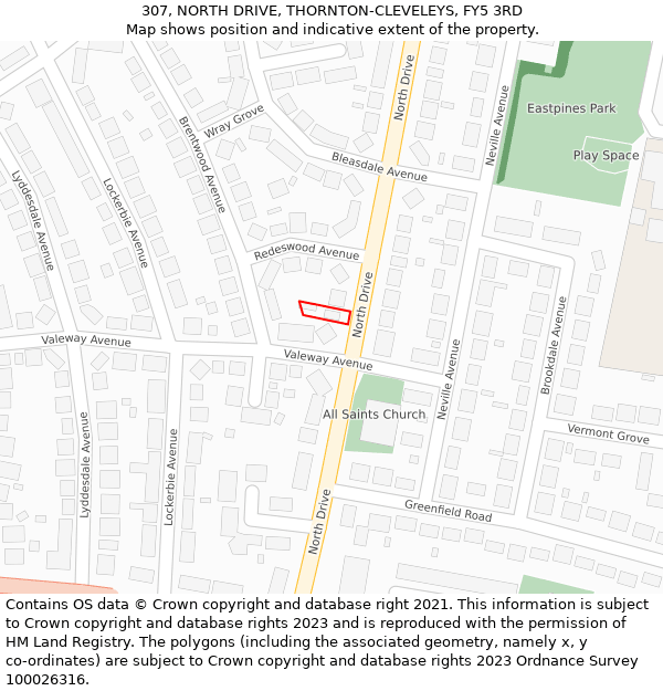 307, NORTH DRIVE, THORNTON-CLEVELEYS, FY5 3RD: Location map and indicative extent of plot