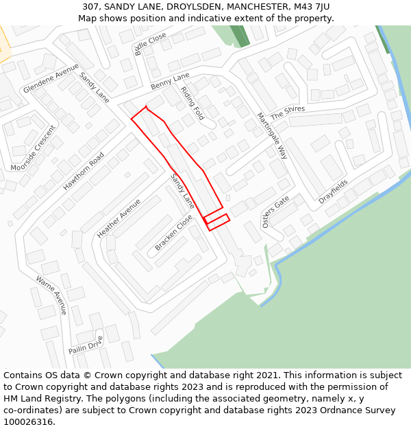 307, SANDY LANE, DROYLSDEN, MANCHESTER, M43 7JU: Location map and indicative extent of plot