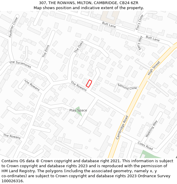 307, THE ROWANS, MILTON, CAMBRIDGE, CB24 6ZR: Location map and indicative extent of plot