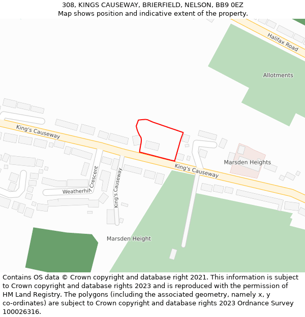 308, KINGS CAUSEWAY, BRIERFIELD, NELSON, BB9 0EZ: Location map and indicative extent of plot