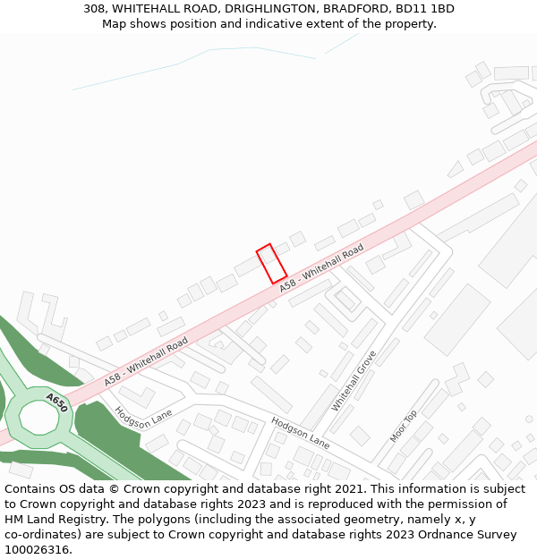 308, WHITEHALL ROAD, DRIGHLINGTON, BRADFORD, BD11 1BD: Location map and indicative extent of plot