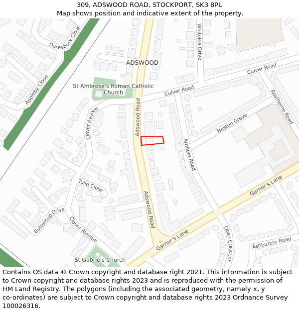309, ADSWOOD ROAD, STOCKPORT, SK3 8PL: Location map and indicative extent of plot