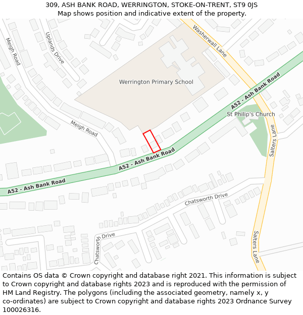 309, ASH BANK ROAD, WERRINGTON, STOKE-ON-TRENT, ST9 0JS: Location map and indicative extent of plot