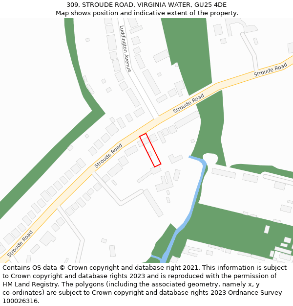 309, STROUDE ROAD, VIRGINIA WATER, GU25 4DE: Location map and indicative extent of plot