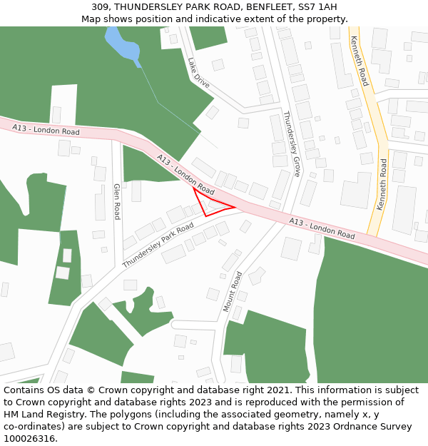 309, THUNDERSLEY PARK ROAD, BENFLEET, SS7 1AH: Location map and indicative extent of plot