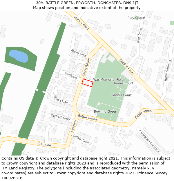 30A, BATTLE GREEN, EPWORTH, DONCASTER, DN9 1JT: Location map and indicative extent of plot