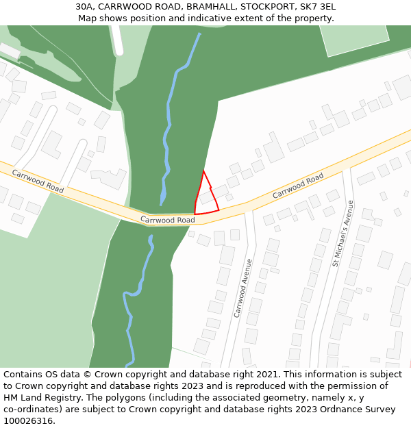 30A, CARRWOOD ROAD, BRAMHALL, STOCKPORT, SK7 3EL: Location map and indicative extent of plot