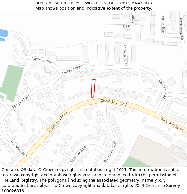 30A, CAUSE END ROAD, WOOTTON, BEDFORD, MK43 9DB: Location map and indicative extent of plot