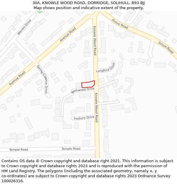 30A, KNOWLE WOOD ROAD, DORRIDGE, SOLIHULL, B93 8JJ: Location map and indicative extent of plot