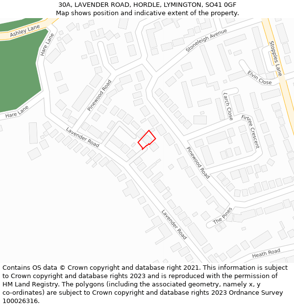 30A, LAVENDER ROAD, HORDLE, LYMINGTON, SO41 0GF: Location map and indicative extent of plot