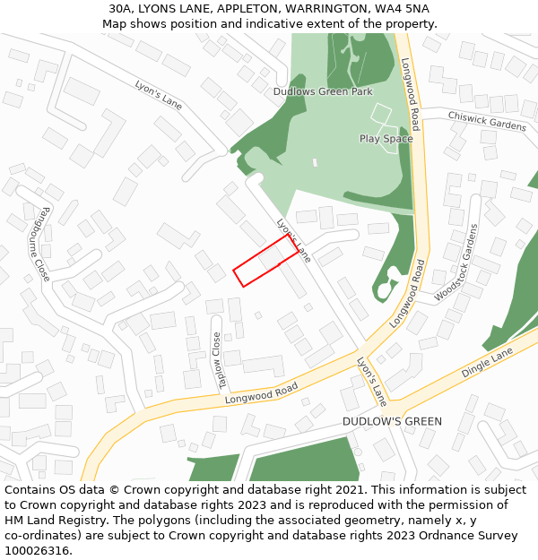 30A, LYONS LANE, APPLETON, WARRINGTON, WA4 5NA: Location map and indicative extent of plot