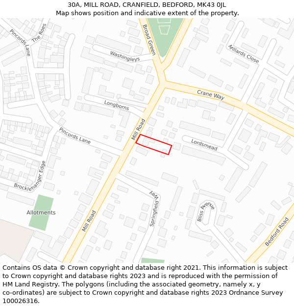 30A, MILL ROAD, CRANFIELD, BEDFORD, MK43 0JL: Location map and indicative extent of plot