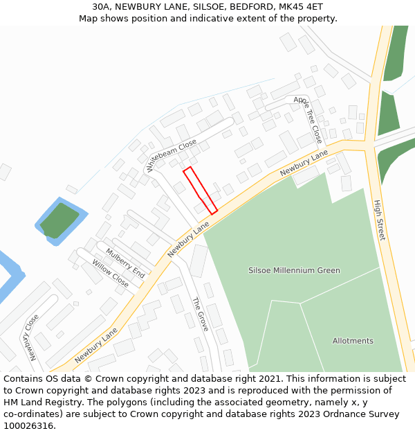 30A, NEWBURY LANE, SILSOE, BEDFORD, MK45 4ET: Location map and indicative extent of plot