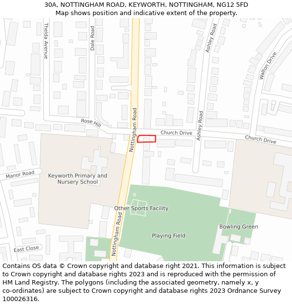 30A, NOTTINGHAM ROAD, KEYWORTH, NOTTINGHAM, NG12 5FD: Location map and indicative extent of plot