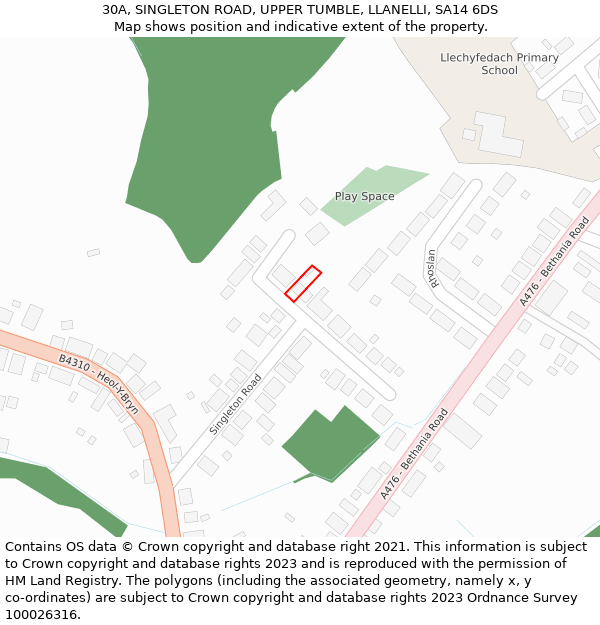 30A, SINGLETON ROAD, UPPER TUMBLE, LLANELLI, SA14 6DS: Location map and indicative extent of plot