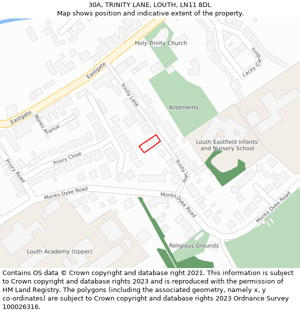 30A, TRINITY LANE, LOUTH, LN11 8DL: Location map and indicative extent of plot