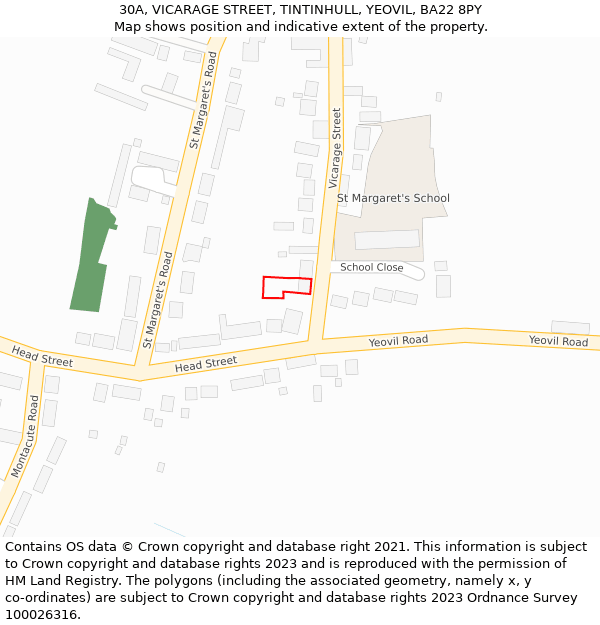 30A, VICARAGE STREET, TINTINHULL, YEOVIL, BA22 8PY: Location map and indicative extent of plot