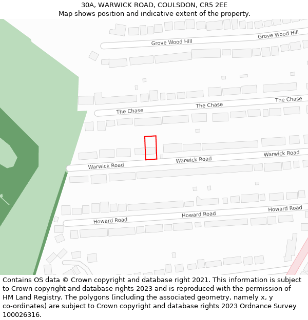 30A, WARWICK ROAD, COULSDON, CR5 2EE: Location map and indicative extent of plot