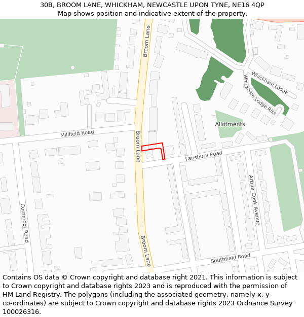 30B, BROOM LANE, WHICKHAM, NEWCASTLE UPON TYNE, NE16 4QP: Location map and indicative extent of plot