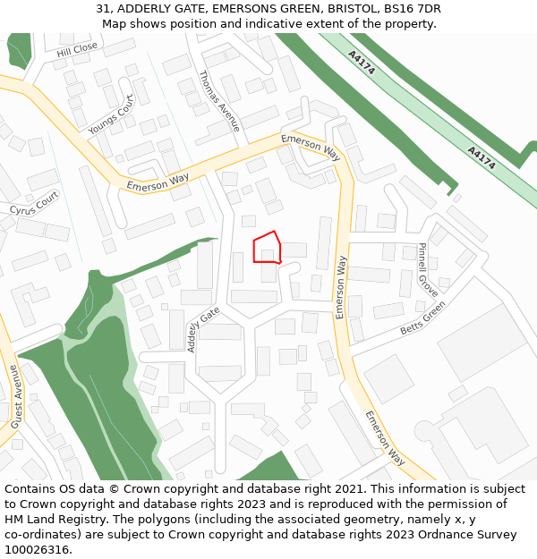 31, ADDERLY GATE, EMERSONS GREEN, BRISTOL, BS16 7DR: Location map and indicative extent of plot