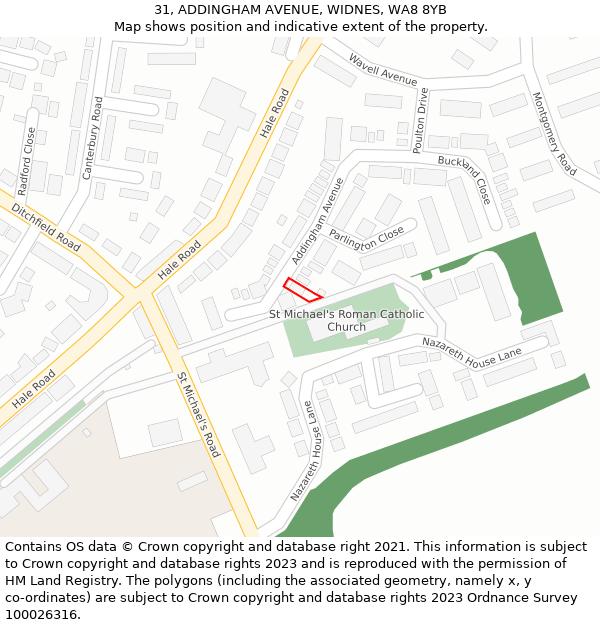 31, ADDINGHAM AVENUE, WIDNES, WA8 8YB: Location map and indicative extent of plot