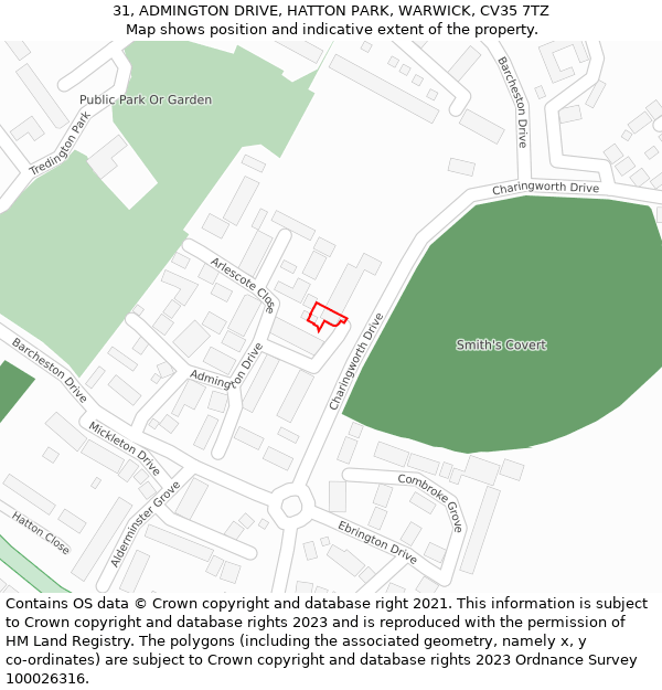 31, ADMINGTON DRIVE, HATTON PARK, WARWICK, CV35 7TZ: Location map and indicative extent of plot