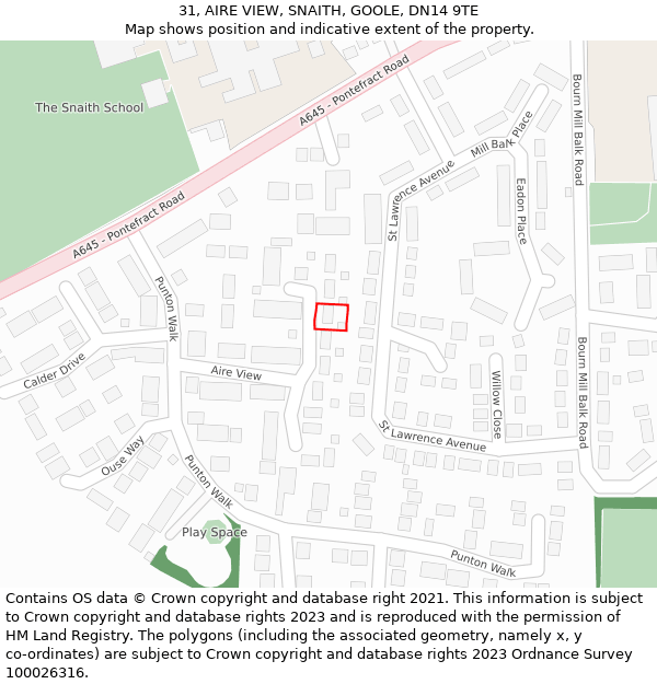 31, AIRE VIEW, SNAITH, GOOLE, DN14 9TE: Location map and indicative extent of plot