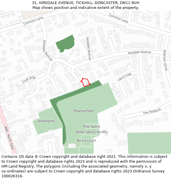 31, AIREDALE AVENUE, TICKHILL, DONCASTER, DN11 9UH: Location map and indicative extent of plot