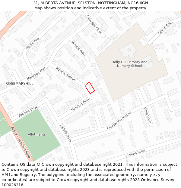 31, ALBERTA AVENUE, SELSTON, NOTTINGHAM, NG16 6GN: Location map and indicative extent of plot