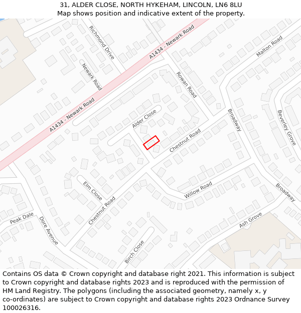 31, ALDER CLOSE, NORTH HYKEHAM, LINCOLN, LN6 8LU: Location map and indicative extent of plot