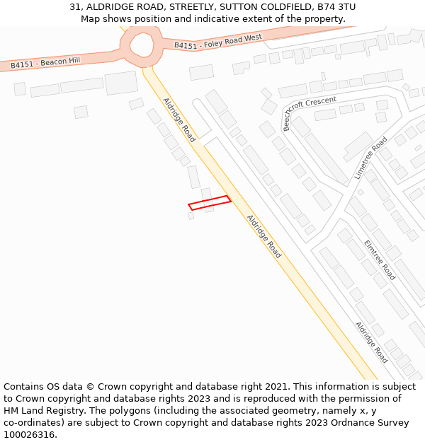 31, ALDRIDGE ROAD, STREETLY, SUTTON COLDFIELD, B74 3TU: Location map and indicative extent of plot