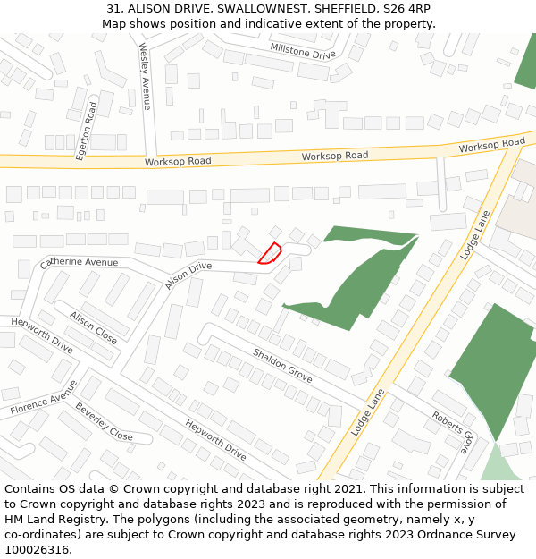 31, ALISON DRIVE, SWALLOWNEST, SHEFFIELD, S26 4RP: Location map and indicative extent of plot