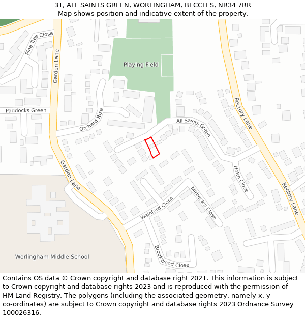 31, ALL SAINTS GREEN, WORLINGHAM, BECCLES, NR34 7RR: Location map and indicative extent of plot