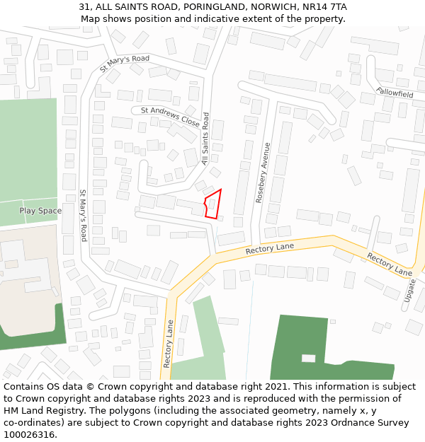 31, ALL SAINTS ROAD, PORINGLAND, NORWICH, NR14 7TA: Location map and indicative extent of plot