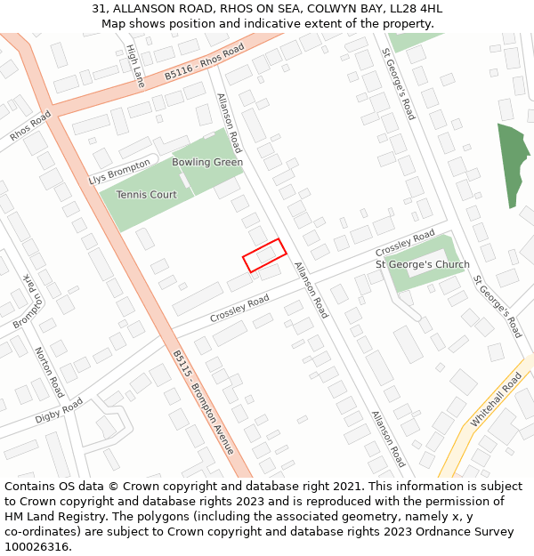 31, ALLANSON ROAD, RHOS ON SEA, COLWYN BAY, LL28 4HL: Location map and indicative extent of plot