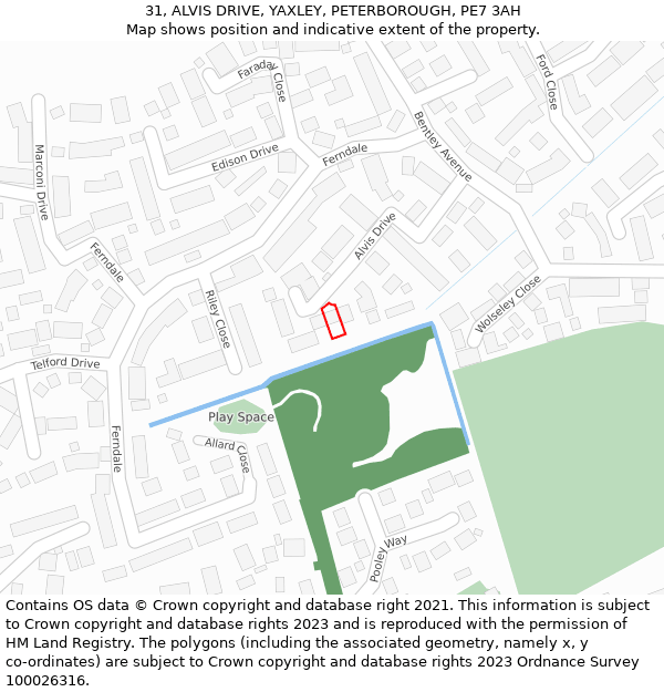 31, ALVIS DRIVE, YAXLEY, PETERBOROUGH, PE7 3AH: Location map and indicative extent of plot