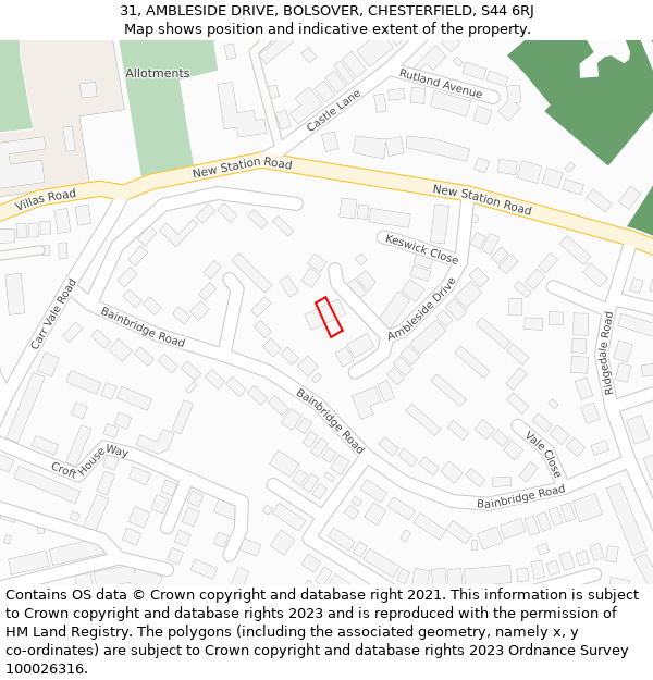 31, AMBLESIDE DRIVE, BOLSOVER, CHESTERFIELD, S44 6RJ: Location map and indicative extent of plot