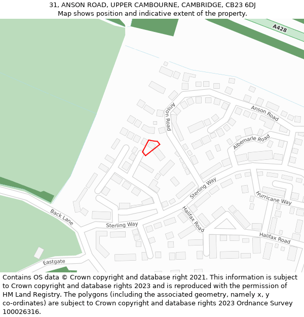 31, ANSON ROAD, UPPER CAMBOURNE, CAMBRIDGE, CB23 6DJ: Location map and indicative extent of plot