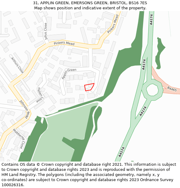 31, APPLIN GREEN, EMERSONS GREEN, BRISTOL, BS16 7ES: Location map and indicative extent of plot