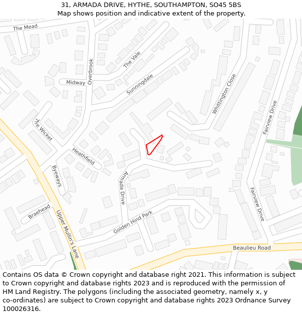 31, ARMADA DRIVE, HYTHE, SOUTHAMPTON, SO45 5BS: Location map and indicative extent of plot