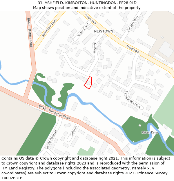 31, ASHFIELD, KIMBOLTON, HUNTINGDON, PE28 0LD: Location map and indicative extent of plot