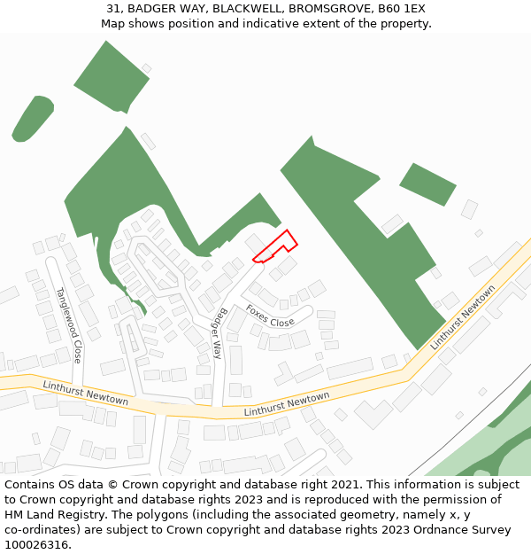 31, BADGER WAY, BLACKWELL, BROMSGROVE, B60 1EX: Location map and indicative extent of plot