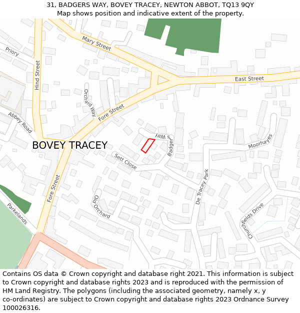 31, BADGERS WAY, BOVEY TRACEY, NEWTON ABBOT, TQ13 9QY: Location map and indicative extent of plot