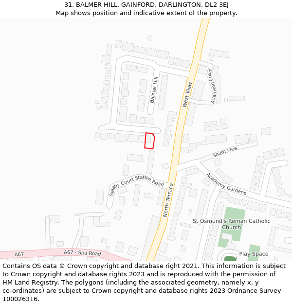 31, BALMER HILL, GAINFORD, DARLINGTON, DL2 3EJ: Location map and indicative extent of plot