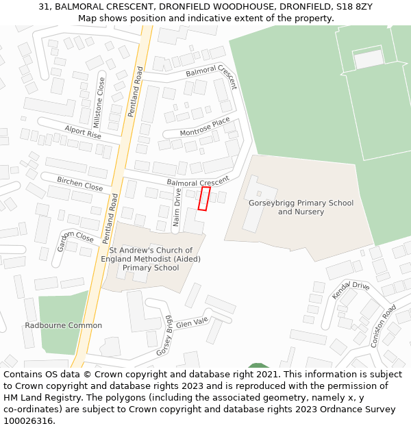 31, BALMORAL CRESCENT, DRONFIELD WOODHOUSE, DRONFIELD, S18 8ZY: Location map and indicative extent of plot