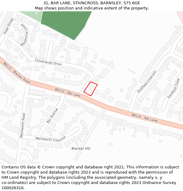 31, BAR LANE, STAINCROSS, BARNSLEY, S75 6GE: Location map and indicative extent of plot